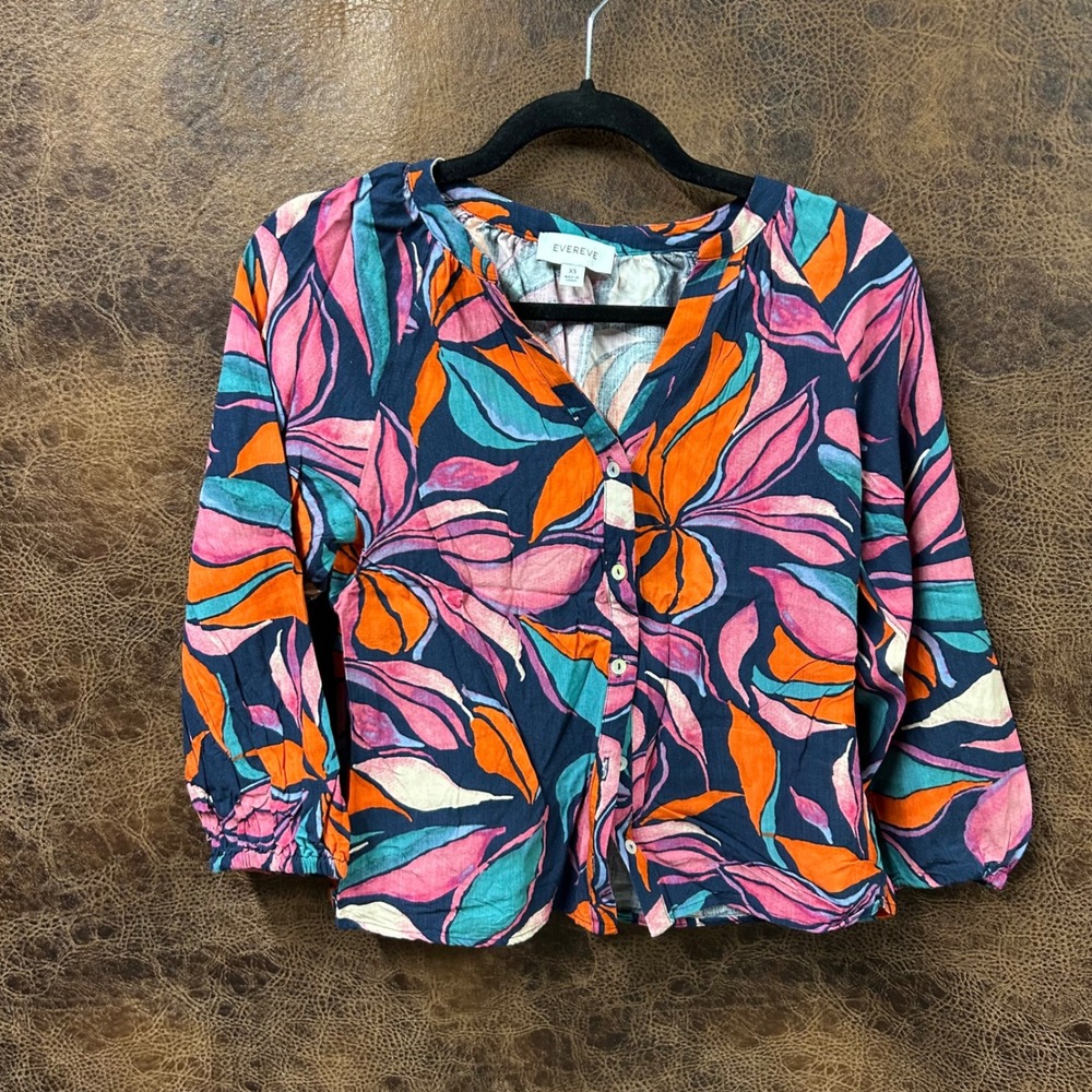 Evereve Womens XS Floral Teal Purple  Blue Button Down Blouse Elastic Cuff